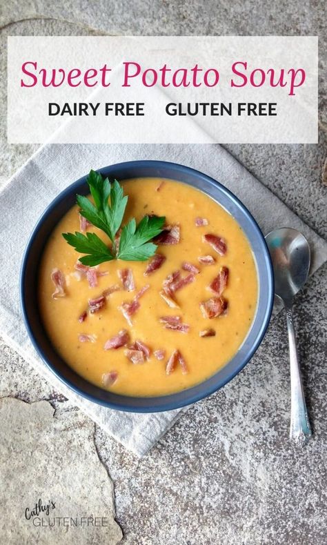 Potato Soup Dairy Free, Soup Dairy Free Gluten Free, Potato Soup Gluten Free, Sweet Potatoes And Onions, Roasted Sweet Potato Soup, Soup Dairy Free, Nightshade Free Recipes, Dairy Free Soup, Soup Appetizers