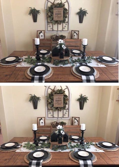 White Dinning Room Table, Farmhouse Dining Room Table Centerpiece, White Dinning Room, Black Upholstered Dining Chairs, Christmas Dining Table Decorations, Metallic Ornaments, Gold Tableware, Dining Table Decorations, Blue And White Dinnerware