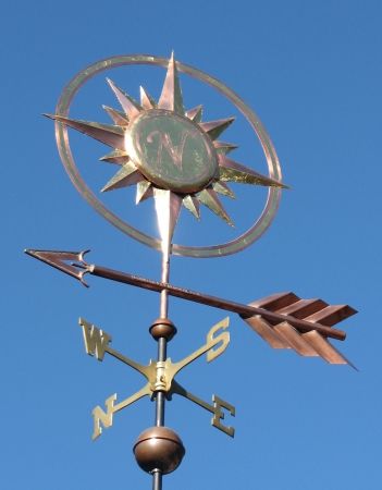 Starburst Weathervane with the letter "N" and Arrow by West Coast Weather Vanes Copper Roof House, Mlp Redesigns, Wind Vane, Storefront Signs, Cafe Concept, Lightning Rod, Outdoor Play Area, Weather Vanes, New And Improved