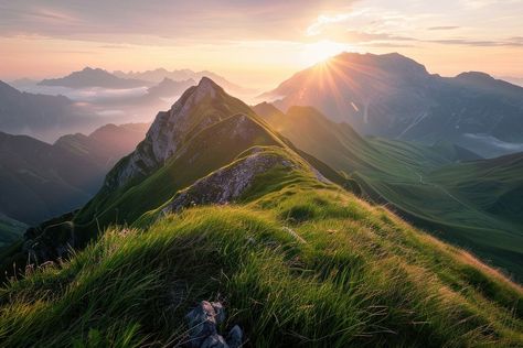 Sunrise view landscape mountain countryside. | free image by rawpixel.com Grass Scenery, Cloud Sunset, Sunrise Scenery, Image Cloud, Sunset Valley, Mountain Aesthetic, View Landscape, Landscape Mountain, Mountain Nature