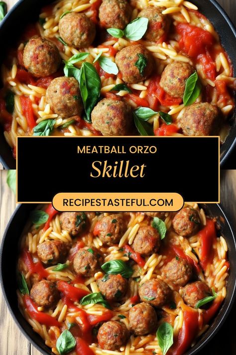 Meatball Orzo, Orzo Skillet, Savory Meatballs, Tender Meatballs, Orzo Recipes, Meatball Recipe, Beef Meatballs, Orzo Pasta, One Pan Meals