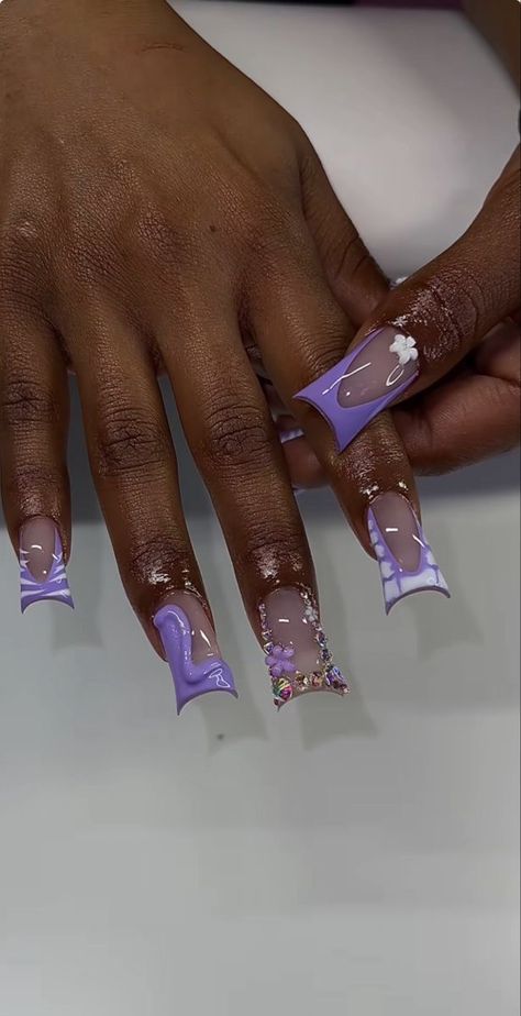 Red Long Nails Ideas, Short Dark Purple Acrylic Nails Design, Simple Freestyle Nails, Nails With Puff Ball, Baddie Spring Nails, Eye Makeup On Brown Skin, Short Nail Designs Purple, Short Purple Acrylic Nails, Purple Nail Inspo Acrylic