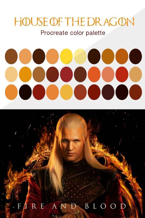 Handpicked color palette for Procreate. House of the dragon inspired. Fantasy Procreate swatches for digital illustrations. Color Palette with 30 colors is ready for instant download and use in your Procreate app. #etsy #dragon #house #houseofthedragon #houseofdragon #fantasy #color #palette #procreate #ipad #digital #idea #illustration #drawing #idea #flame #fire #gold #yellow #red #swatches #inspired Dragon Color Palette, Procreate House, Fantasy Color Palette, Color Palette For Procreate, Ipad Illustration, Color Palette Procreate, Bead Bar, House Of The Dragon, Palette Color