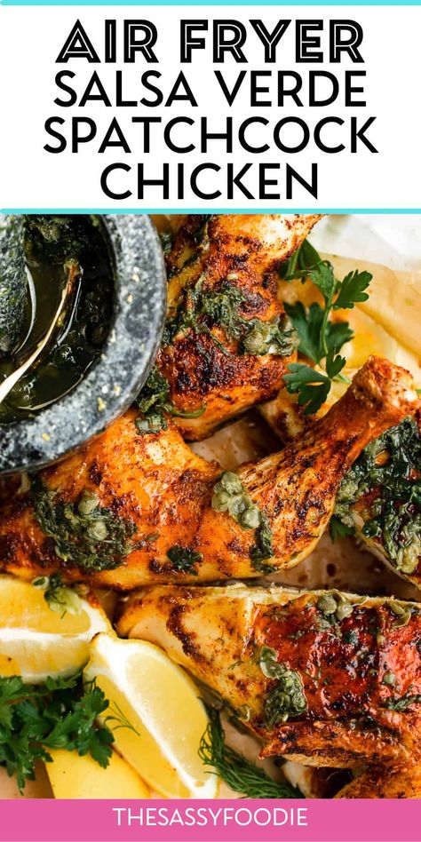 Looking for the best way to cook an entire chicken fast without losing quality and flavor? This air fryer herbed spatchcock chicken recipe is it! Tangy garlic and capers combined with the freshness of parsley, dill and basil make for a delicious, bright salsa verde that'll leave the whole family licking their lips for more. Air Fryer Salsa, Chicken Basil, Cook A Whole Chicken, Malai Chicken, Family Breakfast Recipes, Seasoned Butter, Spatchcock Chicken, Keto Diet Snacks, Air Fried Chicken