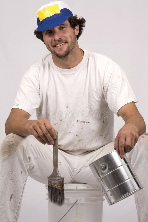 Painter. Young man working as painter, on isolated background wearing white outf , #Ad, #working, #painter, #man, #Painter, #Young #ad Atlas Painting, Paint Moodboard, Painter Man, Branding Headshots, Female Painters, Man Working, House Painter, Women's Shooting, White Outfit