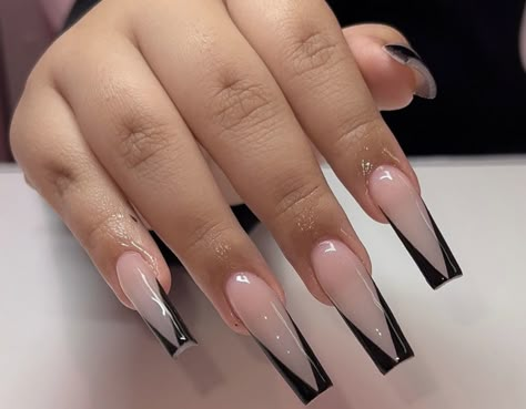 Coffin Shaped Black French Tip Nails, Taper Square Acrylic Nails, V French Tip Nails Square, Baddie Era, Acrylic Nails Nude, Ballet Nails, Tapered Square Nails, May Nails, A I