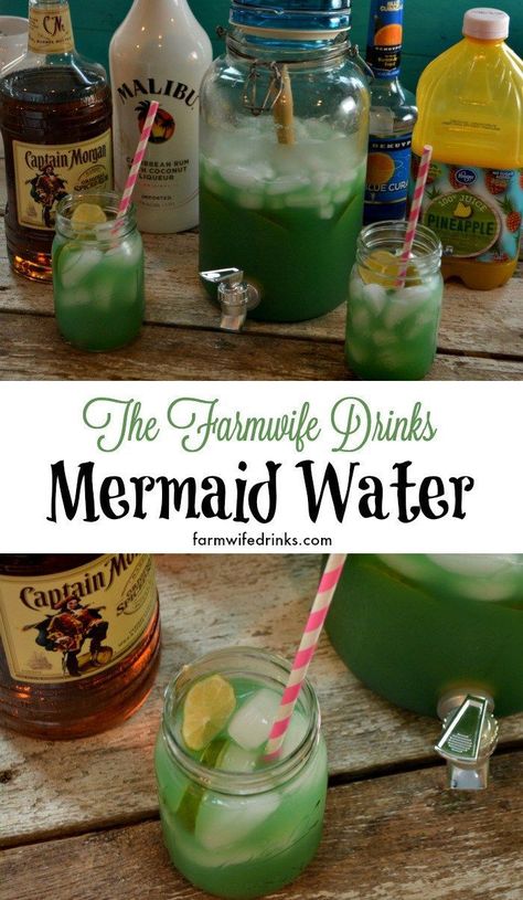 Mermaid water is the perfect rum punch. Captain, Malibu, and Blue Curacao with limeade and pineapple. Perfect party punch recipe. Shrek Alcoholic Drinks, Punch Bowl Drinks Alcohol, Rum Halloween Drinks, Shrek Drinks, Halloween Adult Drinks Punch, Summerween Ideas, Party Punch Recipe, Alcohol Games, Mermaid Water