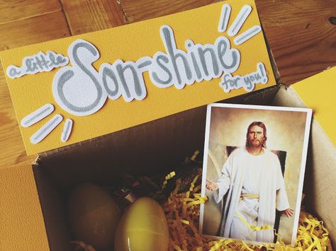 LIFE IS SWEET: "Son-shine" Easter Package for Our Missionary Yellow Treats, Easter Care Package, Cadbury Mini Eggs, Mission Prep, Missionary Care Packages, Gifts For Elderly, Lds Mission, Lds Missionary, Missionary Gifts