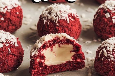 Red Velvet Snowball Cookies with White Chocolate Filling Recipe Chocolate Filling Recipe, Red Velvet Cheesecake Bites, Velvet Cookies Recipe, White Chocolate Filling, Cookies With White Chocolate, Cheesecake Bites Recipe, Dessert Truffles, Velvet Cookies, Winter Baking