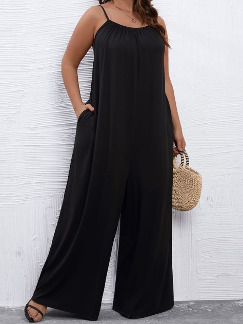 Plus Solid Wide Leg Cami Jumpsuit 2024 Wardrobe, Black Romper Shorts, Plus Jumpsuit, Plus Size Jumpsuits, Plus Size Mini Dresses, Cami Jumpsuit, Midi Dress Plus Size, Plus Size Romper, Sheer Skirt