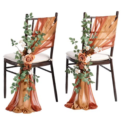 PRICES MAY VARY. WEDDING AISLE DECOR DETAILS: Set of 8 pre-made wedding aisle decoration flowers, 16 pcs runner drapes with ribbon, which helps to create your romantic spring, summer, fall autumn, winter wedding. Aisle suitable for four rows of guest seating. If there are more queues, it is recommended to purchase multiple copies. SUITABLE SIZE FOR CHAIRS: The wedding chair flower decor is 24" L x 10" W, and the chair sash is 96" L x 8" W. EASY TO USE: First, install the chiffon fabric on the ch Hiasan Perkahwinan, Pew Flowers, Wedding Chair Sashes, Pew Decorations, Wedding Chair Decorations, Wedding Aisle Decorations, Wedding Chair, Chair Sashes, Party Outdoor