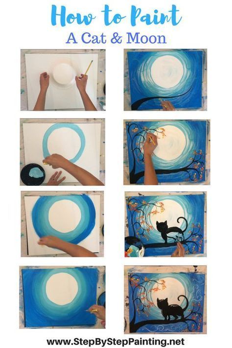 How To Paint A Cat And Moon - Tracie's Acrylic Painting Tutorials. StepByStepPainting.net Cat And Moon, Acrylic Tutorials, Canvas Painting Tutorials, Painting Easy, Easy Canvas Painting, Moon Painting, Seni Cat Air, Homeschool Art, Acrylic Painting Tutorials