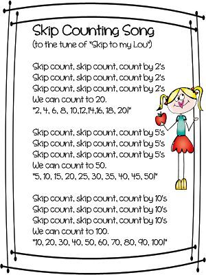 "Skip Counting Song" (from First Grade Wow; Tune: "Skip to My Lou"): First Grade Songs, Math Poems, Skip Counting Songs, Math Songs, Kindergarten Songs, Classroom Songs, Skip To My Lou, Math Number Sense, Skip Counting