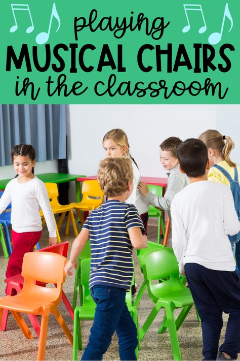 The best classroom game ever...musical chairs! Musical chairs is the perfect math game, ELAR game, science game...it works for all subjects! Makes any elementary worksheet much more fun. This game will immediately ramp up the student engagement level in your classroom. Your students will be begging for more! #classroomactivities #elementarygames #gamesforkids Prek Games, Musical Chairs Game, Musical Chair, Music Games For Kids, Games For The Classroom, Elementary Games, School Party Games, Music Study, Musical Chairs