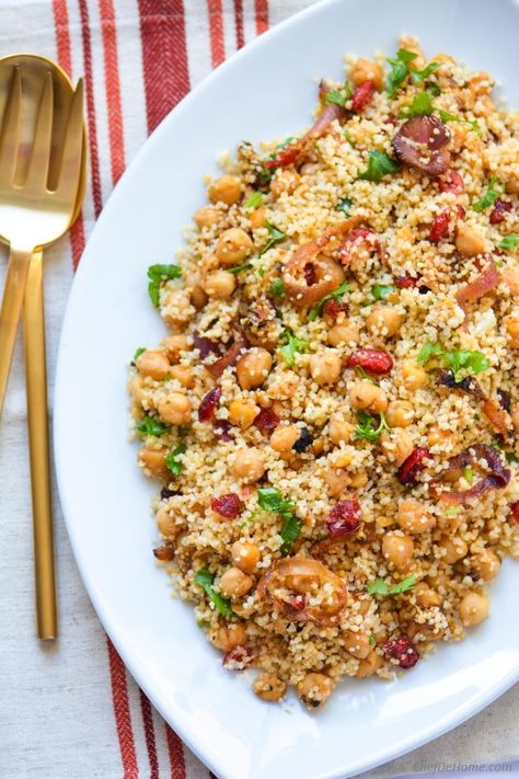 Moroccan Couscous Tfaya with Chickpeas and Cranberries Recipe | ChefDeHome.com Moroccan Couscous, Xmas Recipes, Food Project, Moroccan Dishes, Spiced Chickpeas, Couscous Recipes, Vegan Thanksgiving Recipes, Cranberry Recipes, Vegan Thanksgiving