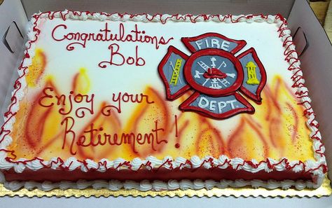 firefighter retirement party - Google Search Cake Fireman, Firefighter Birthday Cakes, Fire Fighter Cake, Fireman Cake, Fire Cake, Firefighter Retirement, Fireman Party, Retirement Cake, Fireman Birthday