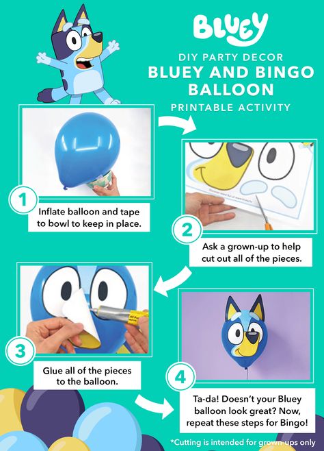 Bluey Bingo Birthday Party Free Printables, Free Printable Bluey Decorations, Bluey Cake Template, Bluey Templates, Diy Bluey Craft, Bluey Birthday Crafts, Bingo From Bluey Birthday Party Theme, Bluey Birthday Balloons, Blue And Bingo Birthday Party