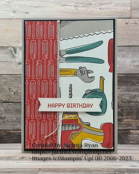 Jacinta Ryan Stampin' Up! Demo on Instagram: "This is the card I shared during last night's facebook live and it was also one of the cards from my mini catalogue and sale-a-bration launch events. I used the Trusty Toolbox dsp from sale-a-bration and the Happy Birthday sentiment is from the Level Complete stamp set in the Annual Catalogue. #cardmaking #cardsofinstagram #stamping #annualcatalogue #stampinupaustralia #lovemyjob #stampinup #stampingwithjacinta #stampinupdemonstrator #handmadecards #jacintaryan #sharewhatyoulove #Saleabration2024 #levelcomplete #happybirthday" Stampin Up Trusty Toolbox Dsp, Trusty Toolbox Dsp, Tool Box Cards For Men, Trusty Tools Stampin Up Cards, Su Trusty Tools Cards, Stampin' Up Trusty Tools Cards, Cricut Birthday Cards, Cricut Birthday, New Things To Try