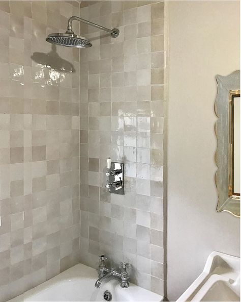 Jessica Summer on Instagram: “The beautiful and subtle variation on the surface of zellige tiles in a bathroom I designed a couple of years back. #zelliges…” Zellige Tile Bathtub, Zellige Bathroom, Shower Over Bath, Zellige Tiles, Bathtub Tile, Zellige Tile, Classic Bathroom, Tile Trim, Bathroom Inspo