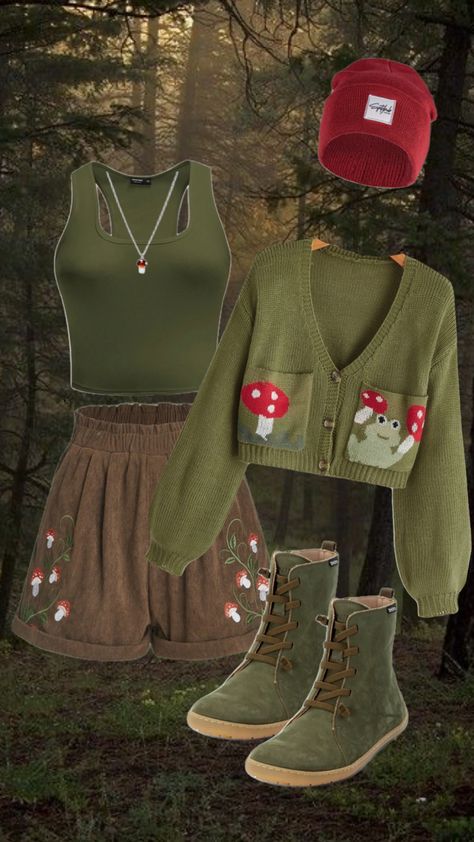 Going into the forest for adventures. #outfitinspo #goblincoreaesthetic #goblincore #forestaesthetic #mushroomcore #mushroomoutfit #mushroomaesthetic Forest Aesthetic Outfit, Goblin Core Outfit, Goblincore Aesthetic Outfits, Goblincore Outfits, Mushroom Outfit, Dress Design Drawing, Into The Forest, Fashionista Art, Witchy Fashion