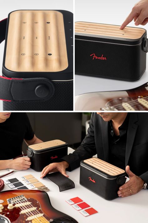 Flip this speaker around and plug your electric guitar into Fender RIFF the average looking Bluetooth speaker thats also an amp. Designer: Ponti Design Studio for Fender Speaker Box Design, Speaker Box, Classic Guitar, Bluetooth Device, Yanko Design, Bluetooth Speakers Portable, Portable Speaker, Electric Guitars, Guitar Amp