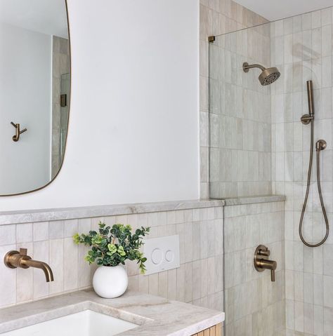 Who else likes their subway tiles vertically stacked?? 🙋🏾‍♀️ Contractor: @chellyannacontractors Photography: @reganelizabethphotography Stack Tile Bathroom, Subway Tile Vertical Stack, Subway Vertical Stack, Straight Stack Subway Tile, Vertical Stacked Offset Subway Tile Bathroom, Vertical Straight Stack Tile, Vertical Subway Tile Bathroom, Modern Organic Bathroom, Organic Bathroom