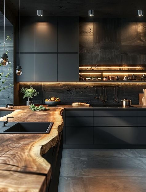 Wood Interior Design, Dark Kitchen, House Design Kitchen, Kitchen Room Design, Kitchen Inspiration Design, Modern Farmhouse Kitchens, Dream House Interior, Stylish Kitchen, Black Kitchens