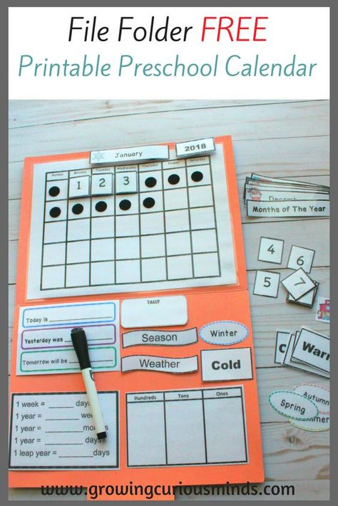 FREE Printable Preschool Calendar for a File Folder - Homeschool Giveaways Calendar For Kindergarten, Kindergarten Calendar, Preschool Calendar, Calendar Worksheets, File Folder Activities, Folder Games, Homeschool Printables, Preschool Printable, Free Printable Calendar