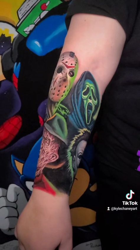 179K views · 13K reactions | By Artist Kyle Chaney I had a blast working on Jason and Freddy today! 4 hours total. Super pumped about how the Ghostface and Michael Myers tattoos... | By Studio 405 Tattoos & Art | Facebook Jason Freddy Michael Myers Chucky Tattoo, Jason Voorhees Tattoo Stencil, Micheal Myers Tattoo Design, Idk Tattoo, Michael Myers Tattoos, Ghostface And Michael Myers, Jason Vorhees Tattoo, Micheal Myers Tattoo, Jason And Freddy