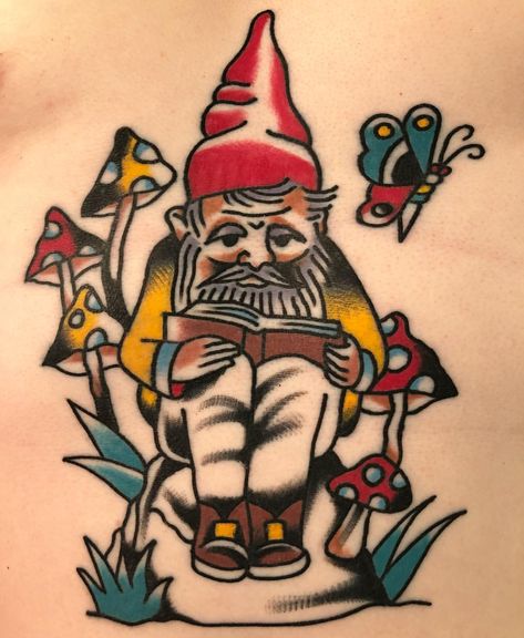 Knomes Tattoos, Traditional Gnome Tattoo, Garden Gnome Tattoo, Gnome Tattoo Cute, Gnome Tattoo, Neat Tattoos, Pixie Tattoo, Tattoo Pierna, Tattoo Culture