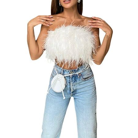 Fur Crop Top, Feather Crop Top, Feather Vest, Backless Tank Top, Edm Outfits, Cropped Camisole, Music Festival Outfits, Summer Crop Tops, Sleeveless Crop Top