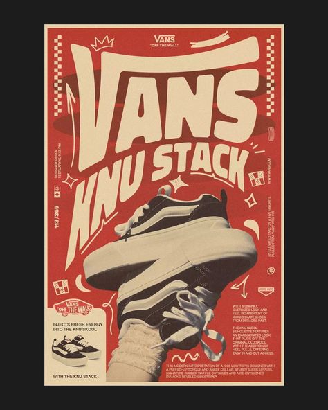 113/365 [Vans Knu Stack] I made my first Vans poster. I picked it because the font matches the bold style of the shoes. I used the colors from the Vans logo, but you can use any color. I hope you like it. I'll be taking a break after this. This is my last poster for now. I hope it inspires you. Goodbye for now, everyone! @vans #itsnicethat #digitalarchive #tripl7lab #acidgraphix #archivesarea #typography #reebok #youaretypography #type01 #typosters #vans Vans Photoshoot, Shoe Graphic Design, Vans Poster, Vans Ad, Ssjg Goku, Vans Ideas, Kurama Susanoo, Vans Design, Skate Graphics