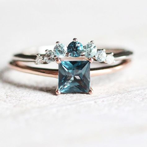 #SomethingBlue - Our Maury band in London Blue Topaz, Sky Blue Topaz, Aquamarine, and Diamonds. You can choose your metal! Also seen here is the new Princess cut London Blue Topaz solid gold ring. We also offer this ring in pear cut, emerald cut, and cushion cut at different pricing. Swipe for a video <<< • #londonbluetopaz #topaz #novemberbirthstone #pushpresent #bff #mothersdaygift #promisering #sapphireblu Square Cut Ring, Square Cut Rings, Princess Cut Solitaire Ring, Ombre Rings, Eternity Engagement Ring, Gold Sapphire Ring, Floral Engagement Ring, Solitaire Rings, Elegant Engagement Rings