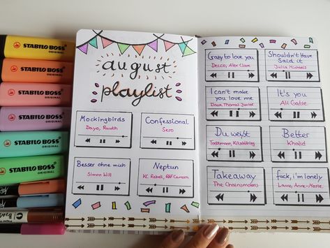 August Playlist, August Playlist Bullet Journal, Bullet Journal August, Bullet Journal Notes, Love Scrapbook, Stabilo Boss, Diary Ideas, Bullet Journal Lettering Ideas, Handwritten Letters