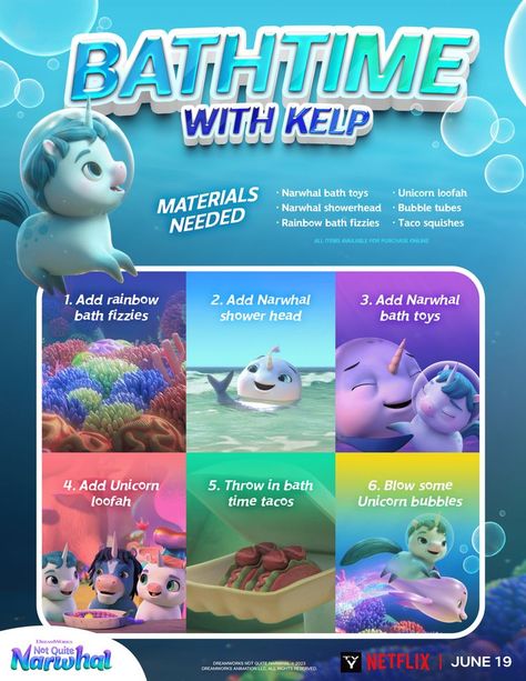 Tacos, Toys and Narwhals, oh my! Get rid of your Not Quite Narwhal FOMO and join Kelp's under-the-sea adventures! Not Quite Narwhal, Bath Fizzies, Adventure Of The Seas, Unicorn Toys, Dreamworks Animation, Baby 1st Birthday, Coconut Girl, Narwhal, Bath Toys