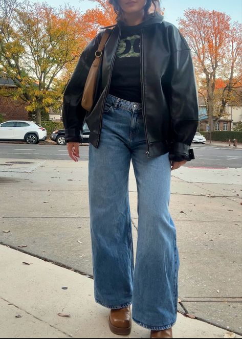 fall outfit - wide leg blue jeans, black leather jacket, graphic tee, vintage sketchers brown platform boots Black Jeans And Blue Jean Jacket Outfit, Relaxed Straight Leg Jeans Outfits, Black Wide Leg Jeans Outfit Fall, Brown Platform Boots Outfit, Bootcut Jeans Outfit Fall, Black Wide Leg Jeans Outfit, Wide Leg Jeans Outfit Fall, Graphic Tee Outfit Fall, Flared Jeans Outfit Fall