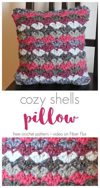 Cozy Shells Pillow, Free Crochet Pattern + Video on Fiber Flux Shell Pillow, Grey Tapestry, Making Pillows, Crochet Cushion Pattern, Start Crocheting, Crochet Shell, Pillow Patterns, Crochet Scarf Pattern, Lion Brand Wool Ease