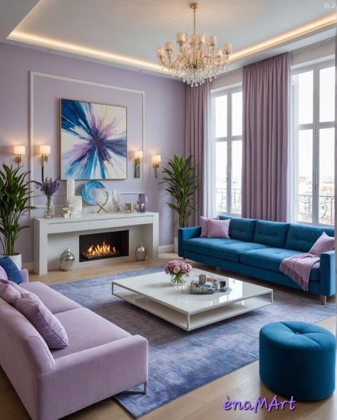 Lavender Accent Living Room, Blue And Plum Living Room, Living Room With Purple Couch, Blue And Purple Living Room, Lavender Living Room Decor, Lilac Living Room Ideas, Lilac Living Room, Lavender Living Room, Living Room Purple