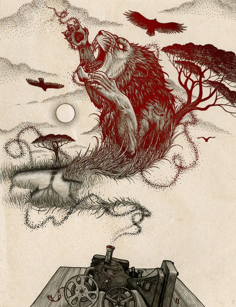 Illustration based off of Ray Bradbury’s short story, The Veldt    http://jaredtuttle.tumblr.com/ Ray Bradbury Illustration, The Veldt, Ray Bradbury, Long Live, Short Story, Projector, Short Stories, Etching, Turning