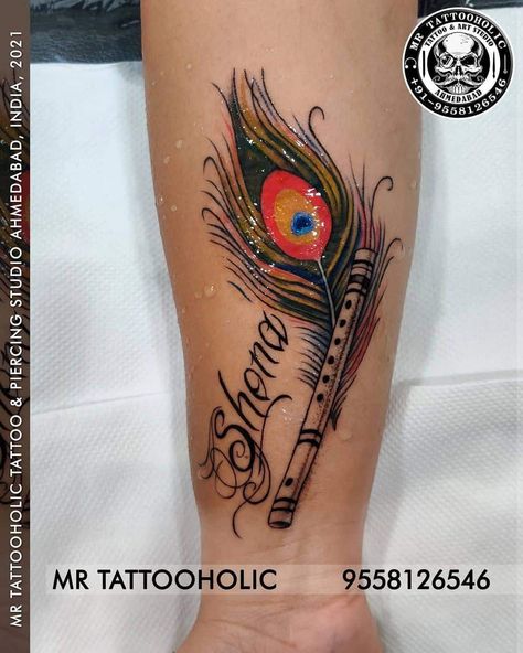 Peacock Tattoo 2 Flute Tattoo, Small Feather Tattoo, Krishna Tattoo, Om Tattoo Design, Tattoo Design For Hand, Infinity Tattoo Designs, Peacock Feather Tattoo, Peacock Tattoo, Shiva Tattoo Design