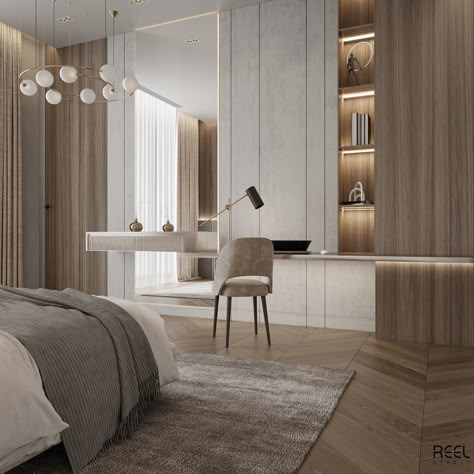 Working Space In Bedroom Modern, Minimal Luxury Bedroom, White And Gray Room, Modern Luxury Bedroom White, Modern Minimalist Bedroom Luxury, Bedroom Vanity Design, Minimalist Luxury Bedroom, Bedroom With Vanity, Luxury Scandinavian Interior