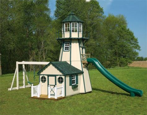 Lighthouse Storage Sheds and Playhouses Garden Lighthouse, Swing Set Plans, Outside Playhouse, Backyard Structures, Playhouse Plans, Build A Playhouse, Storage Sheds, Play Structure, Chicken House