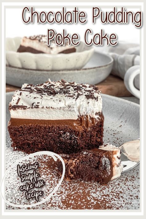 Chocolate Pudding Poke Cake Polk Cakes, Poke Cake With Vanilla Pudding, Chocolate Pudding Poke Cake, Poke Cake Recipes Chocolate, Cake With Vanilla Pudding, Chocolate Cake Mix Recipes, Pudding Poke Cake, Chocolate Desserts Cake, Devil's Food Cake