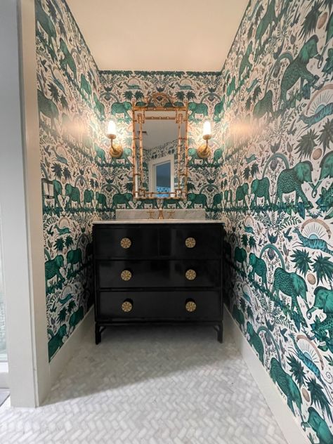 Wayfair free standing vanity. Emma Shipley Wallpaper. Kohler fixtures. Emma Shipley Wallpaper, Emma Shipley, Bathroom Wallpaper Ideas, Dressing Room Decor, Free Standing Vanity, Standing Vanity, Sanibel Island, Stylish Bathroom, Bathroom Wallpaper