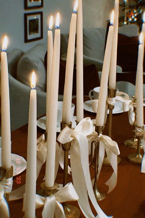 Bows Around Candles, Round Table Candles Wedding, Ribbon On Candles, Taper Candle Wedding Table, Candles With Bows Wedding, Engagement Party Candles, Bows Table Decor, Candle Sticks With Bows, Candlesticks With Bows