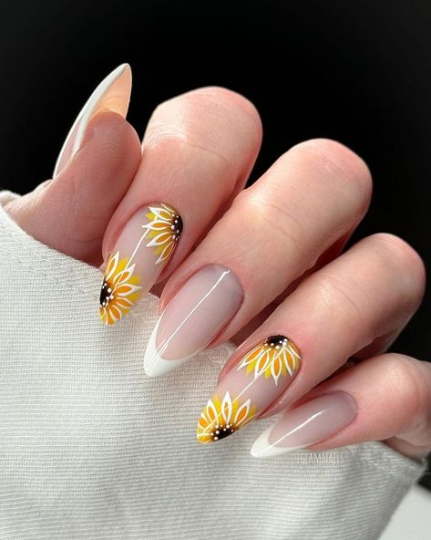 23 Ideas for Fall Sunflower Nails 2024 | Cute Designs, Acrylic, Art & More Black Nails Sunflower, Sunflower French Nails, Sun Holiday Nails, Bee And Sunflower Nails, Navy Blue Almond Nail Designs, Sunflower Wedding Nails The Bride, Simple Cute Acrylic Nail Designs, Autumn Design Nails, Cute Almond Shaped Nails Design