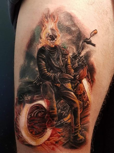 Ghost Rider - Naughty Needles Tattoos Ghost Rider Tattoo Design, Motorcycle Tattoos For Men, Biker Tattoos Designs, Rider Tattoo, Motocross Tattoo, Ghost Rider Tattoo, Biker Tattoo, Harley Tattoos, Compass Drawing