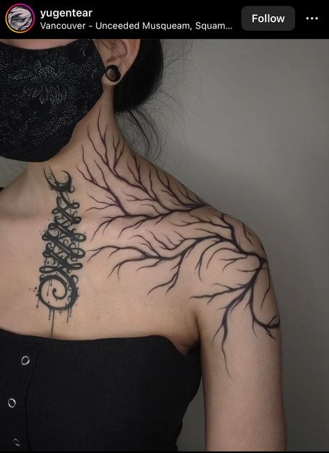 Collar Bone To Neck Tattoo, Collar Bone Tree Tattoo, Dark Earthcore Tattoos, Vines On Neck Tattoo, Witch Tree Tattoo, Dark Mystical Tattoos, Dark Nature Tattoo Sleeve, Neck Collar Bone Tattoo, Spooky Vine Tattoo