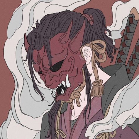 Oni Mask Character Design, Japanese Oni Mask Drawing, Oni Mask Pfp, Demon Mask Drawing, Oni Samurai Art, Oni Reference, Samurai Mask Drawing, Oni Mask Anime, Oni Mask Wallpaper