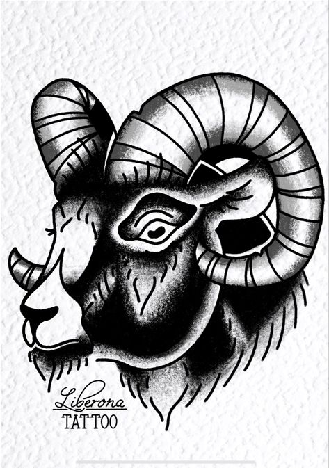 Insta- @liberona_tattoo Goat Head Tattoo Design, Liberona Tattoo, American Traditional Goat, Traditional Goat Tattoo, Tatuajes Ignorant, Goat Head Tattoo, Ram Skull Tattoo, Head Tattoo Design, Black Sheep Tattoo